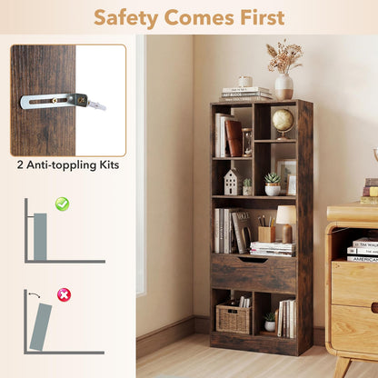 Tall Bookcase with Drawer, Floor Display Rack Storage Organizer for Living Room, Study, Home Office