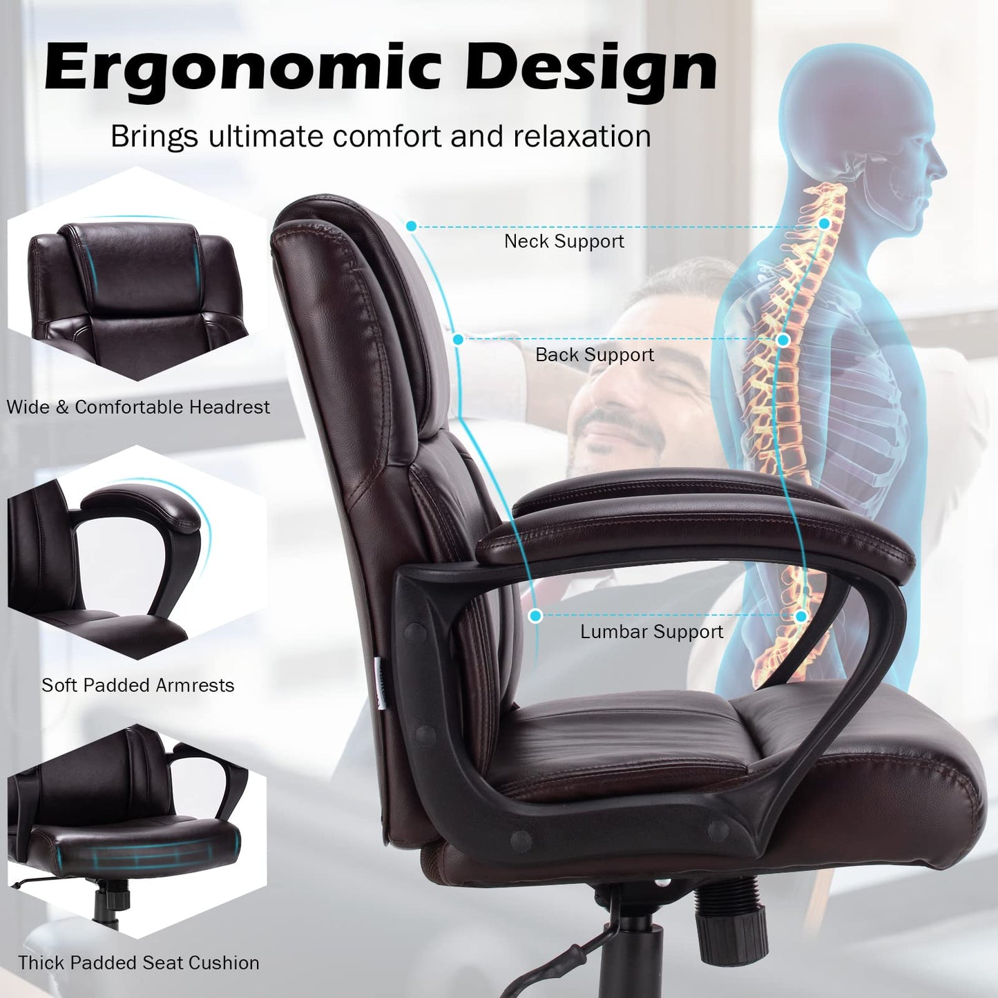 330LBS Big & Tall Executive Office Chair, Height Adjustable Leather Computer Desk Chair, Brown