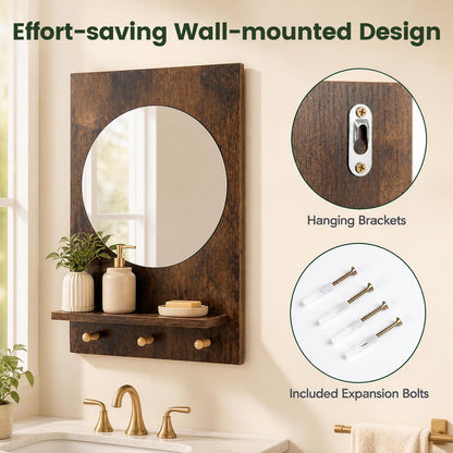 Wall Mirror with Storage Shelf, 3 Hanging Hooks