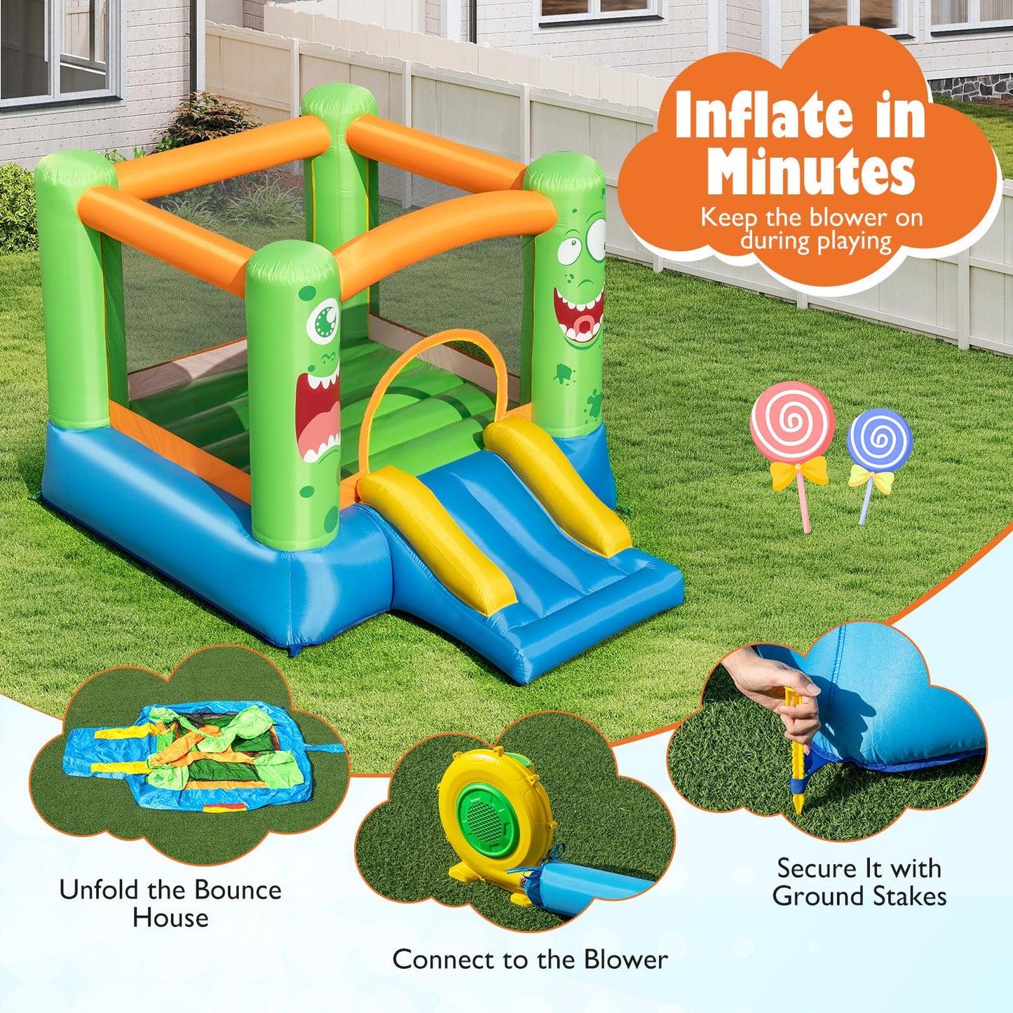 Inflatable Bouncy Castle, Kids Jumping House with Slide, Carrying Bag