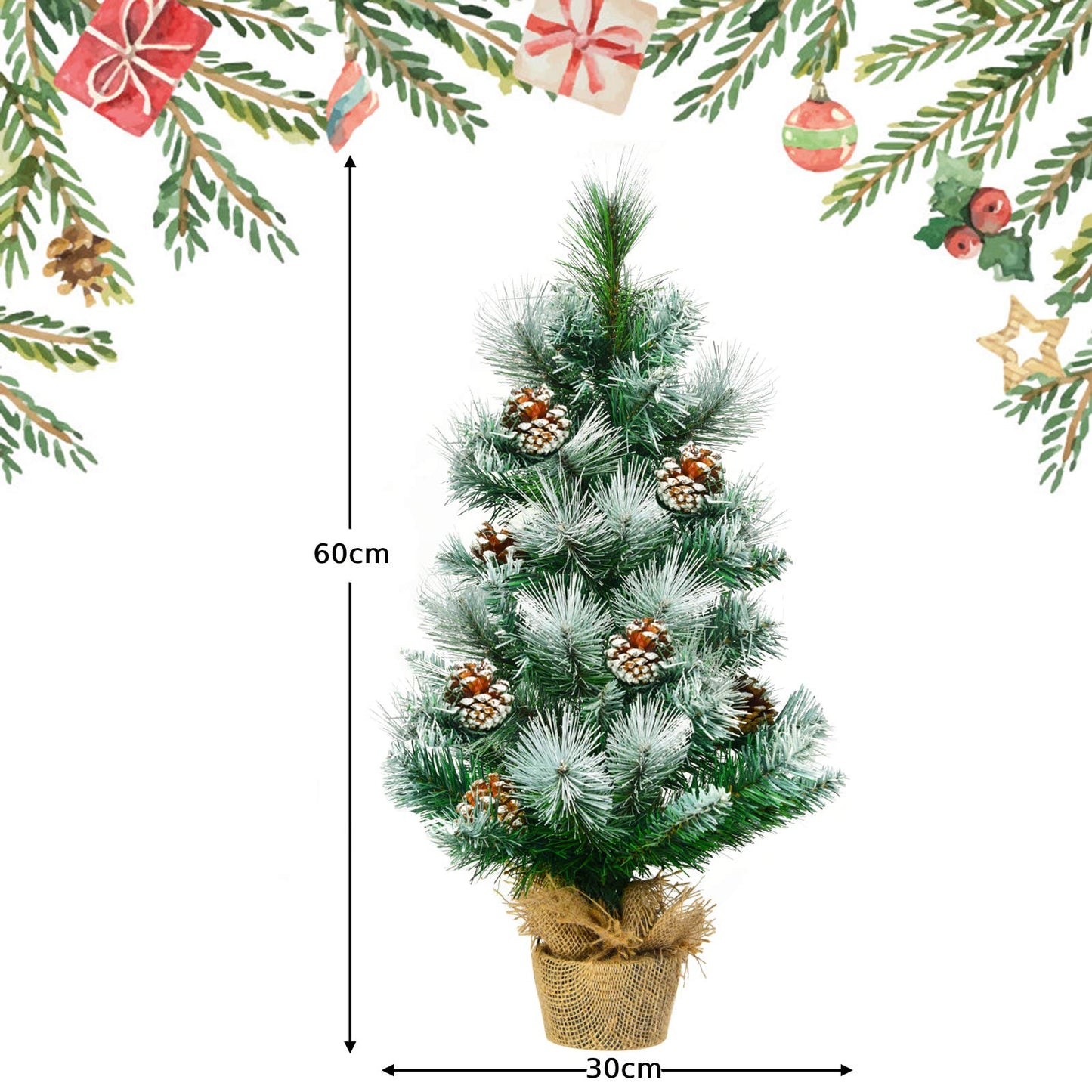 2 Feet Snow Flocked Pine Artificial Christmas Tree with Pine Cones