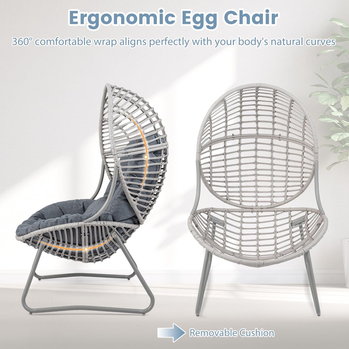PE Wicker Egg Chair with Removable Seat and Back Cushion for Indoor Outdoor