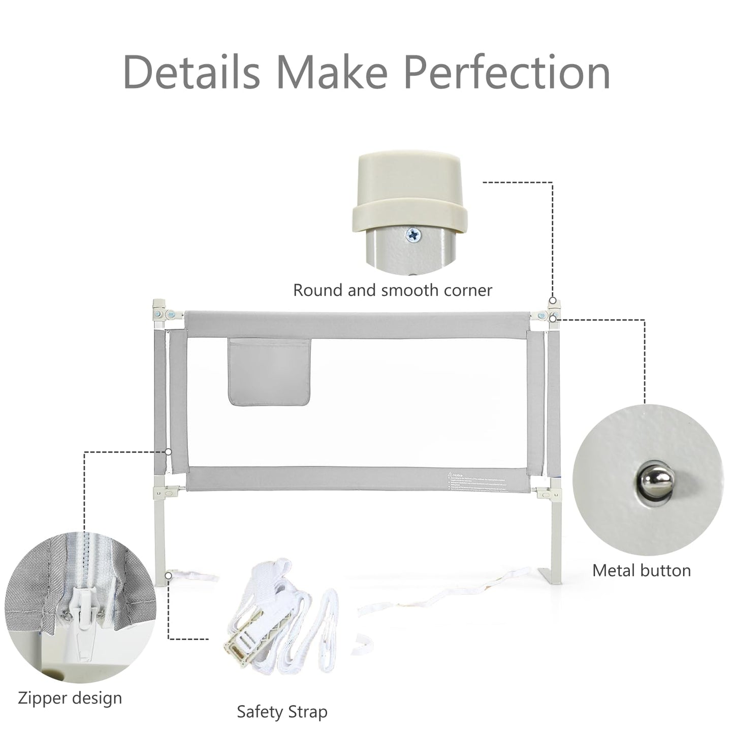 145cm Height Adjustable Bed Rail with Storage Pocket and Safety Lock