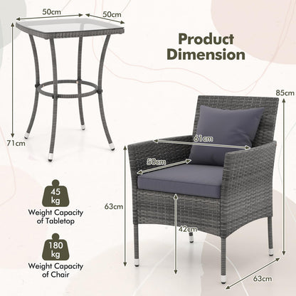 3-Piece PE Rattan Furniture Set with 2 Cushioned Chairs and Tempered Glass Table