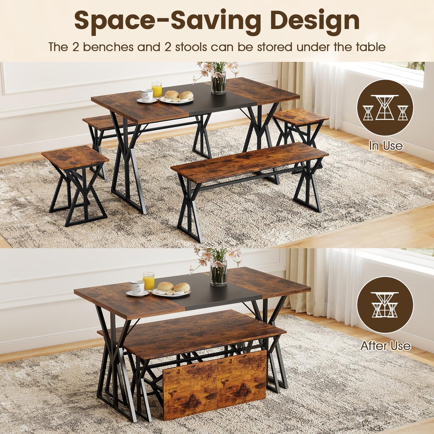 Dining Table and Stool Set with Bench for 4-6, 138cm Industrial Kitchen Table