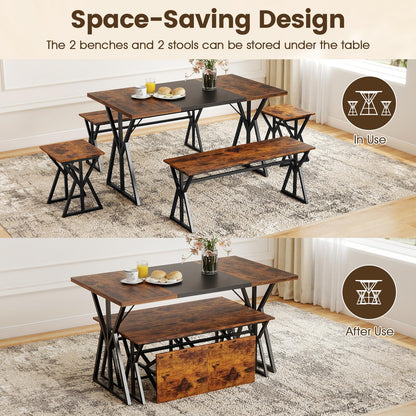 Dining Table and Stool Set with Bench for 4-6, 138cm Industrial Kitchen Table