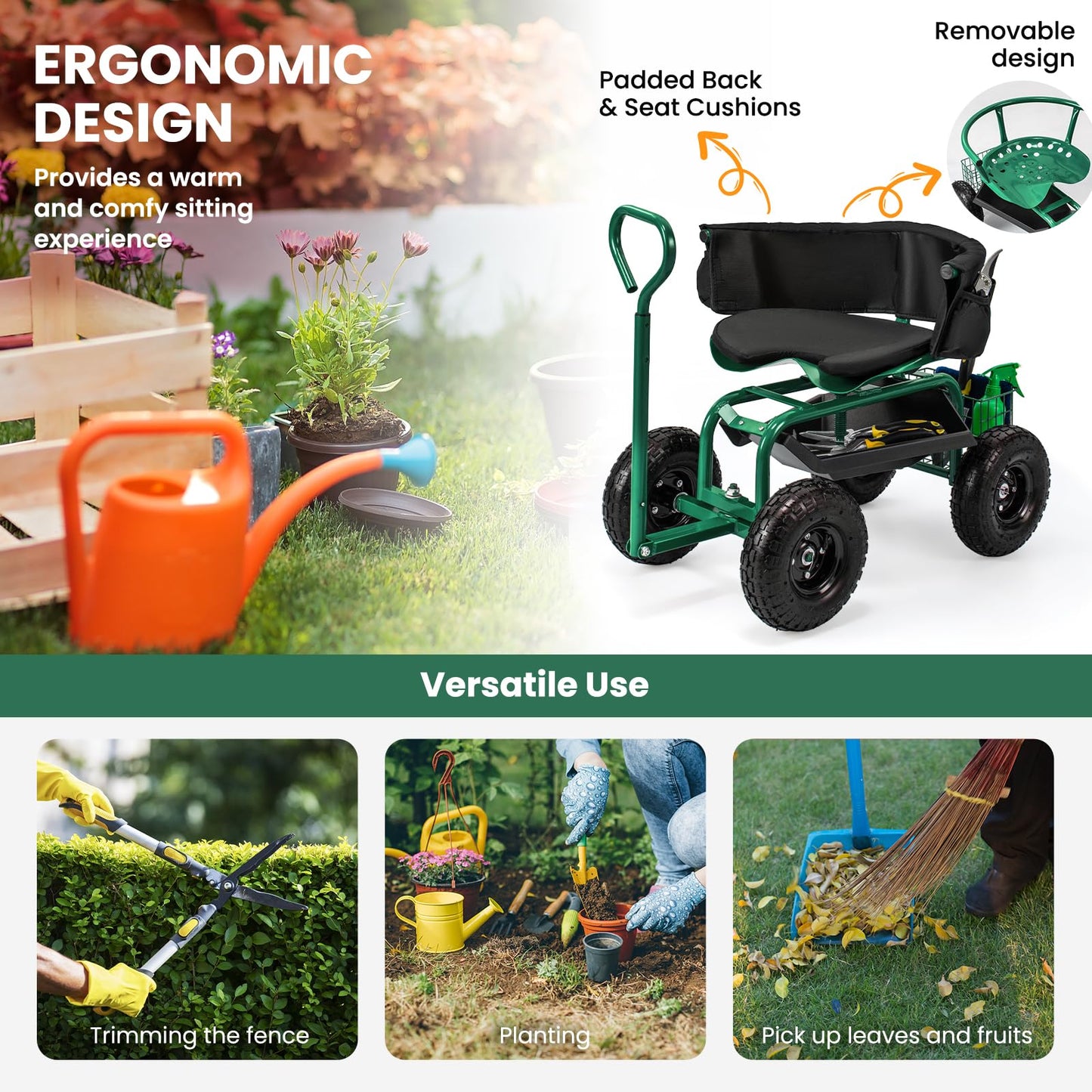 Outdoor Gardening Planting Station Trolley with Swivel Seat