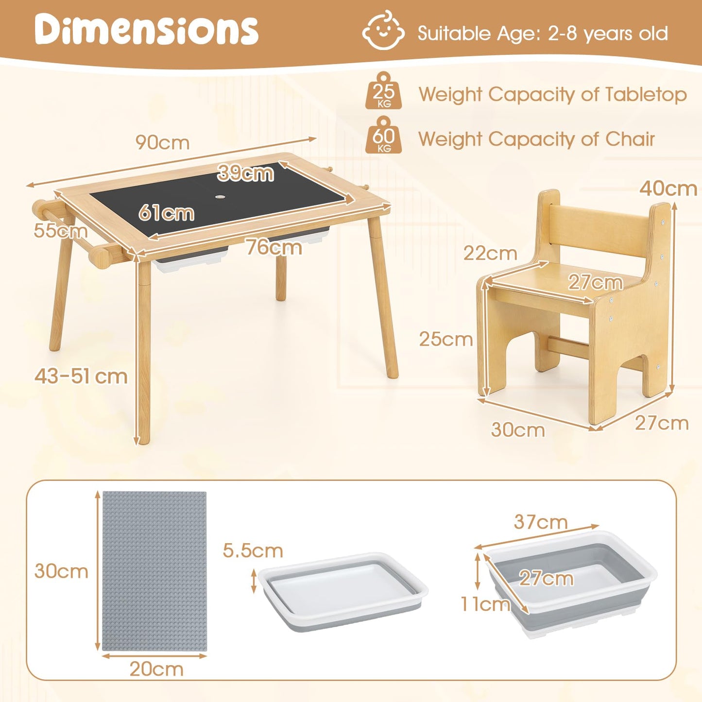 Sensory Table and Chair Set with Foldable Bins for Kids 2 to 8