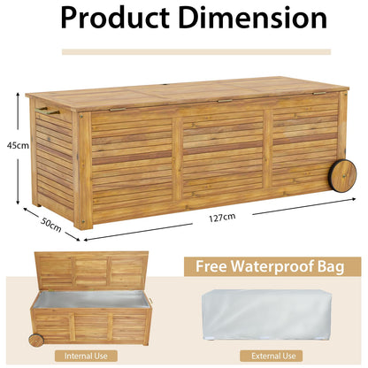 180L Acacia Wood Deck Boxes with Wheels and Waterproof Cover