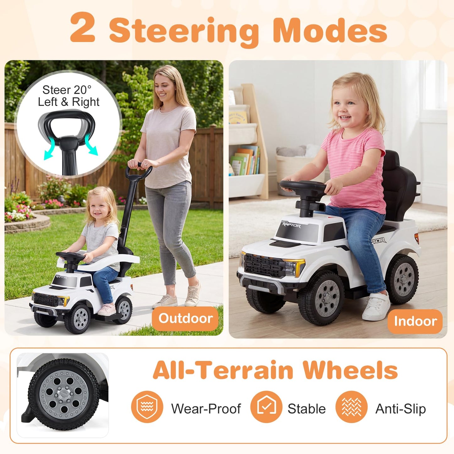3 in 1 Ride on Push Car, Licensed Ford Stroller Sliding Walking Car with Horn