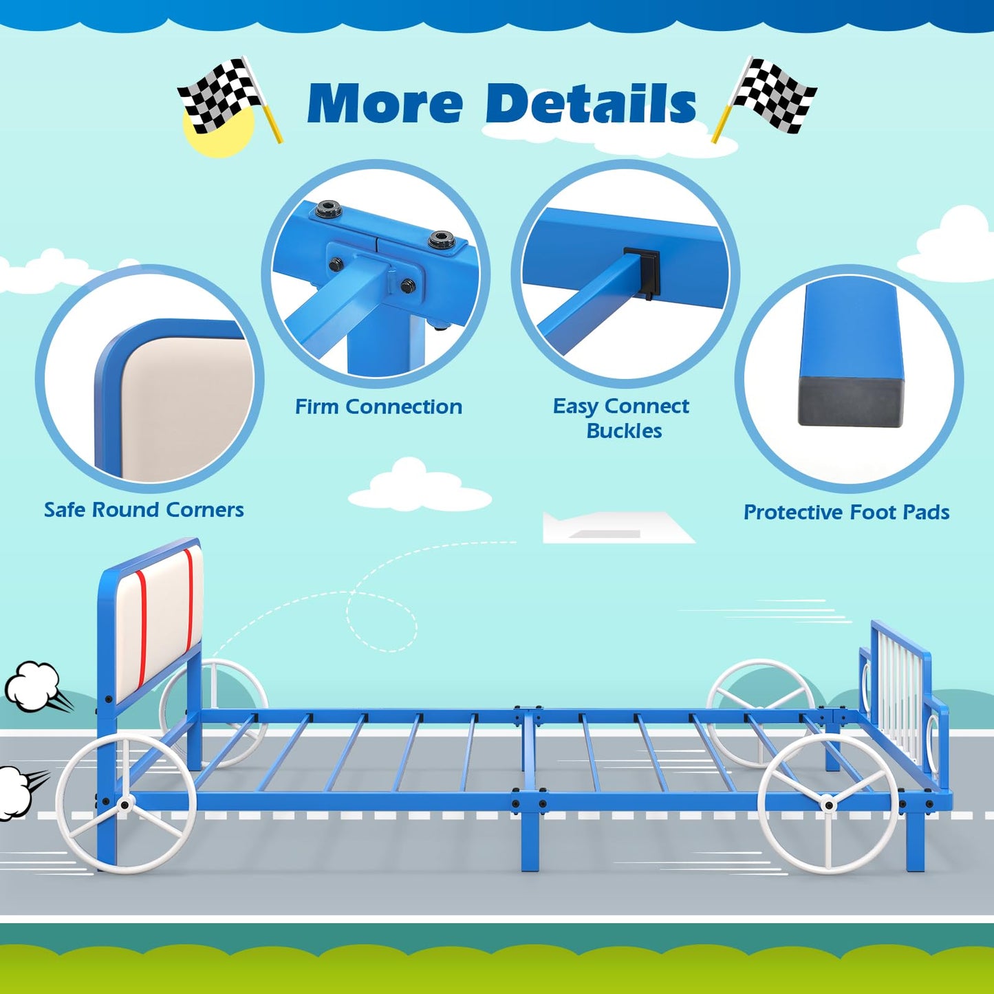 Single Size Car Shaped Kids Bed Frame with Upholstered Headboard