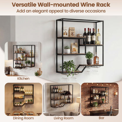 Wall Mounted Wine Rack, 5-Tier Hanging Bar Shelves with 4 Wine Glass Holders