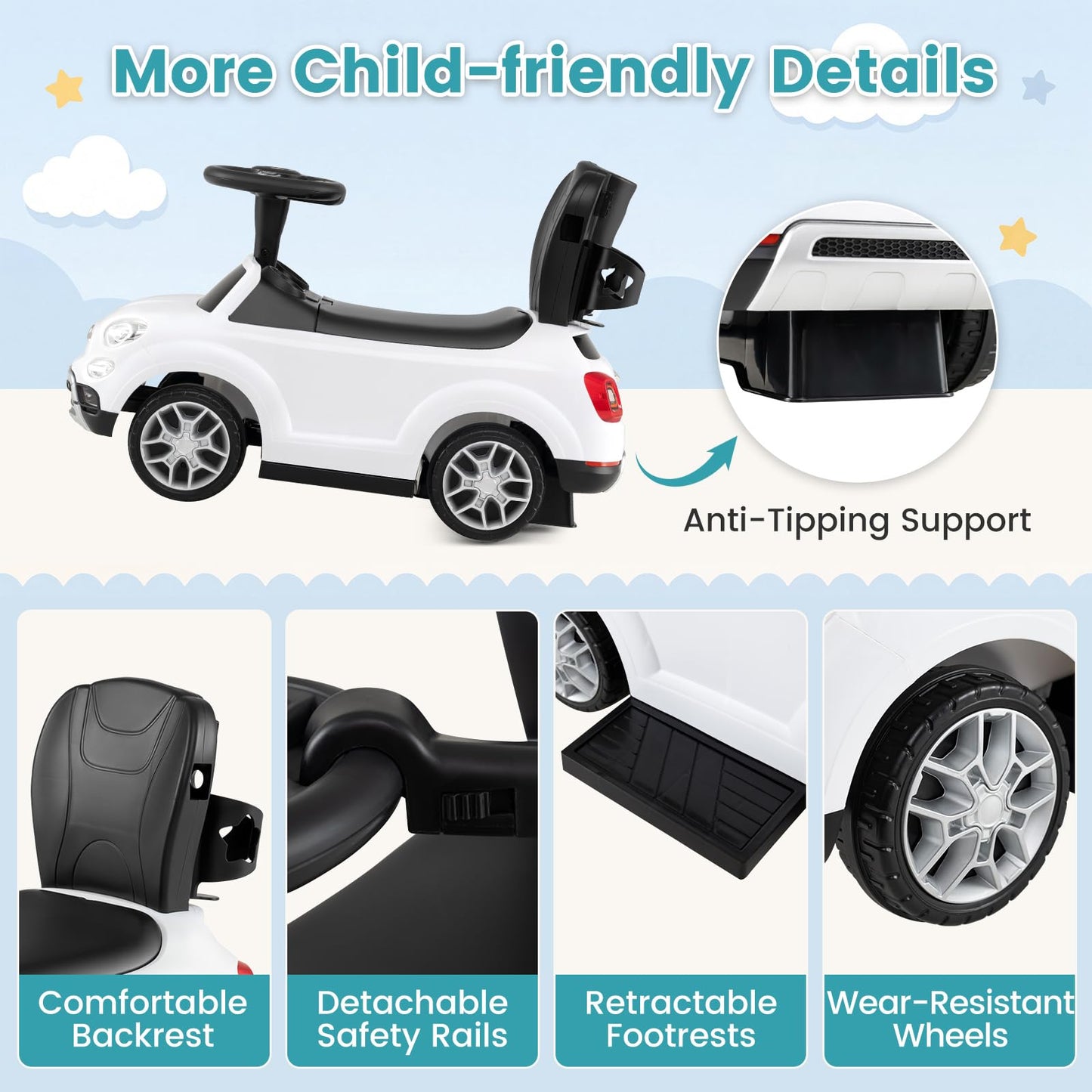 3 in 1 Ride on Push Car, Toddler Push Along Car with Handle
