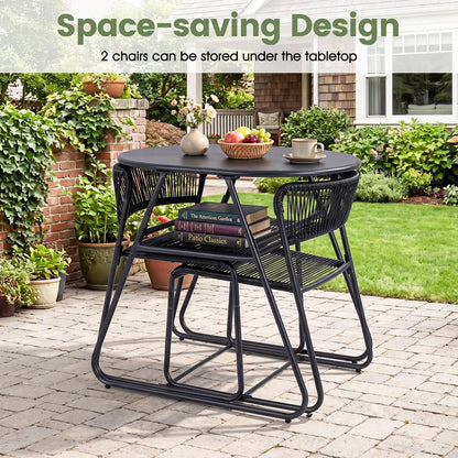 3 Piece Patio Bistro Set, Outdoor Dining Table with 2 Varied-Size Stackable Rattan Chairs & Shelf