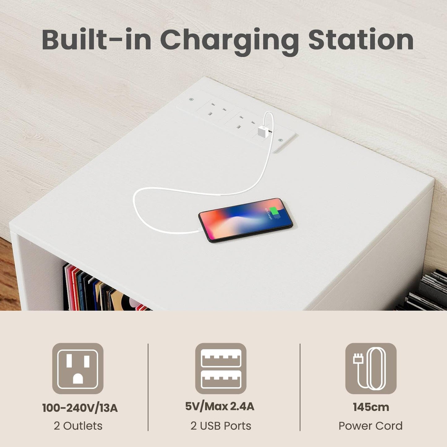 Record Player Stand with Power Outlet and Removable Dividers