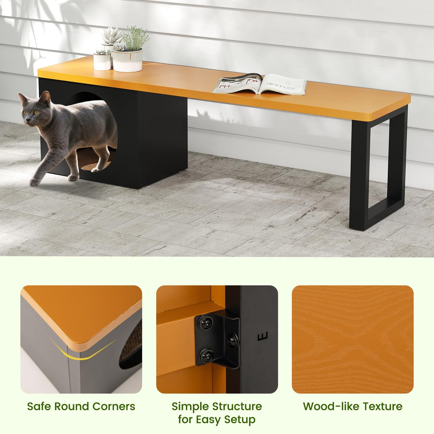 150 CM 3-Person Long Outdoor Metal Bench with Cat House and Scratching Pad