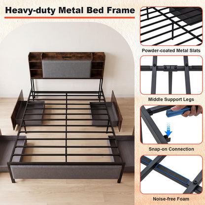 Double/King Size Bed Frame with LED Lights, Charging Station, Storage Headboard