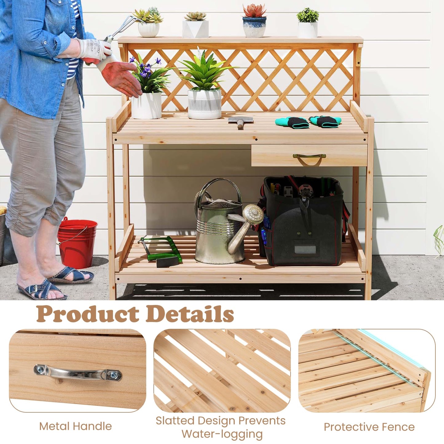 Garden Potting Bench Table with Lattice Trellis and Removable Drawer