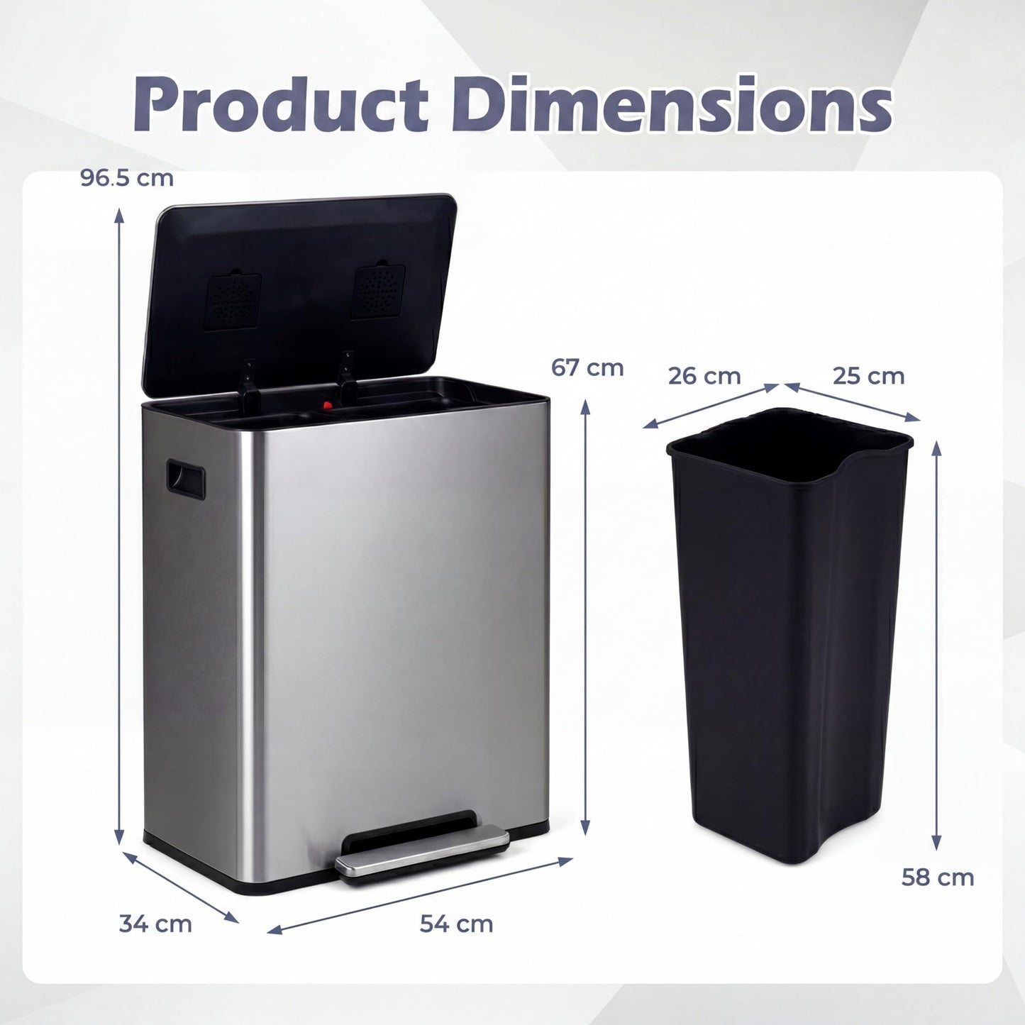 60L Trash Can Stainless Steel Garbage Can with 2 Removable Inner Buckets
