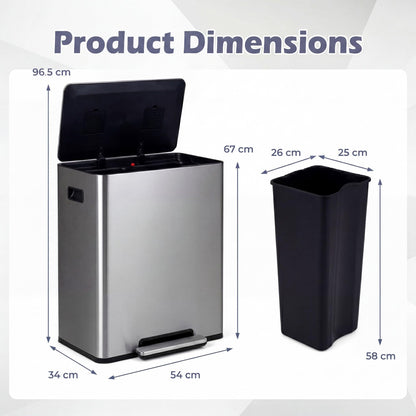 60L Trash Can Stainless Steel Garbage Can with 2 Removable Inner Buckets