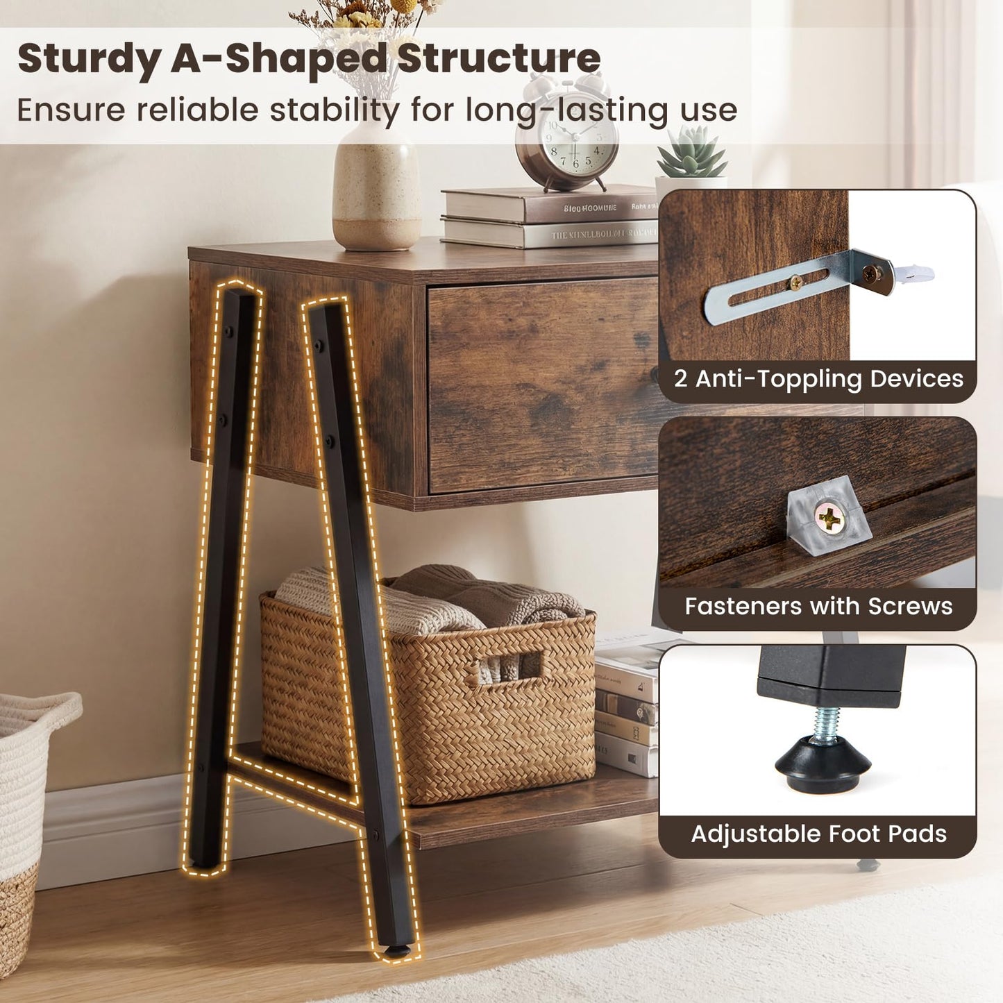 Bedside Table with Drawer, Industrial Nightstand End Sofa Side Table with Open Storage Shelf