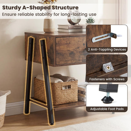 Bedside Table with Drawer, Industrial Nightstand End Sofa Side Table with Open Storage Shelf