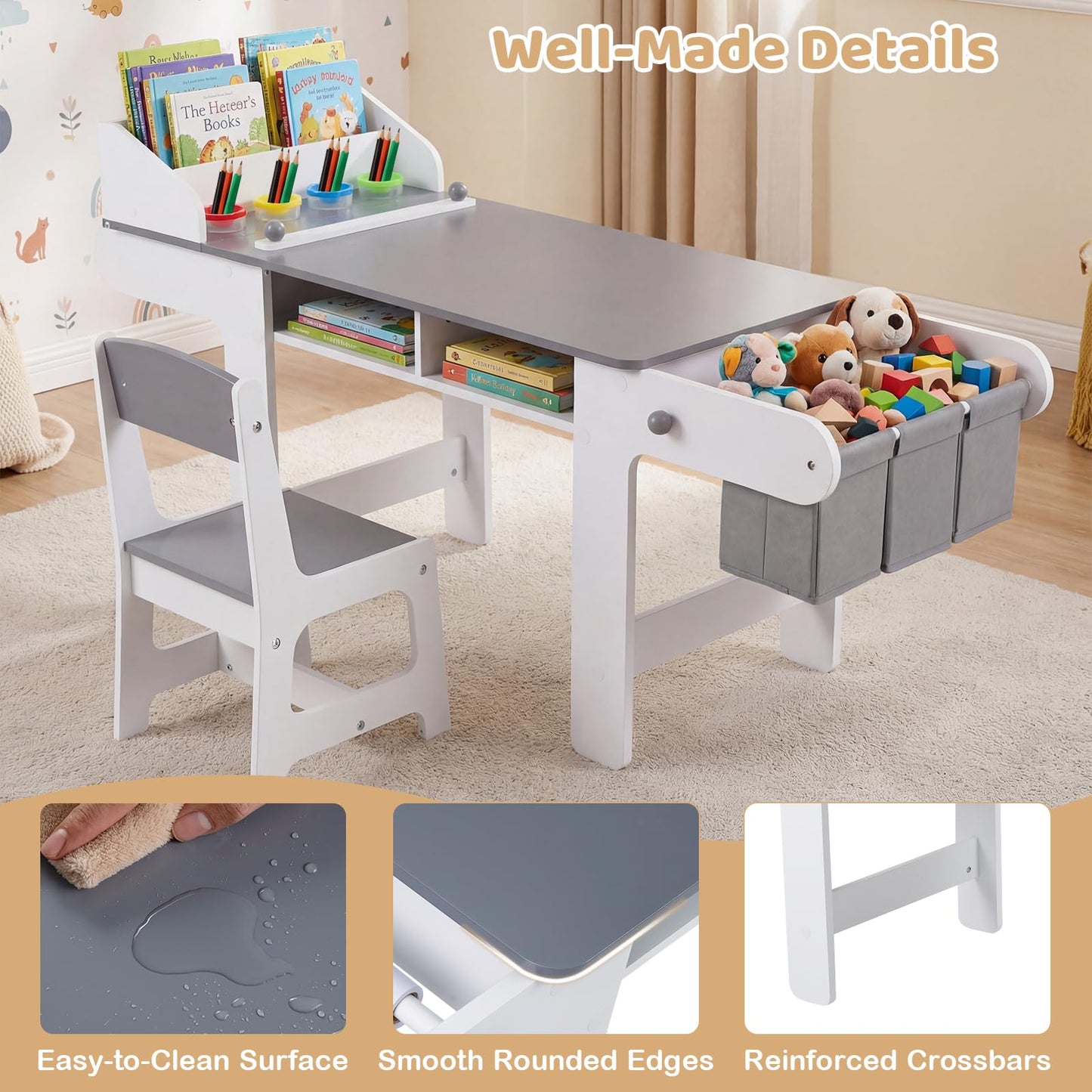 Kids Art Table and Chair Set with Paper Roll & Fabric Bins for Drawing Reading Studying Playing