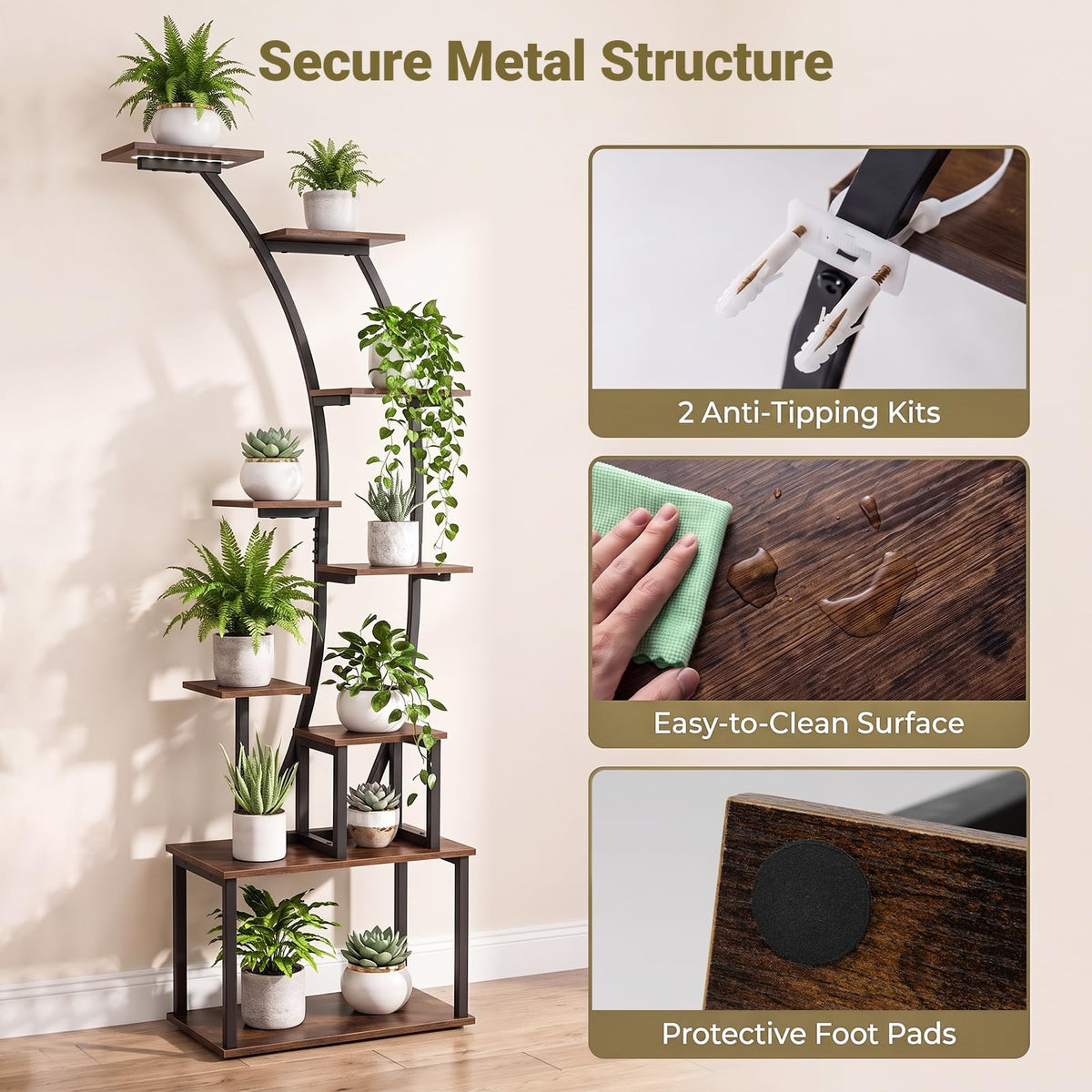Plant Stand with Grow Lights, 161cm Tall 9-Tier Corner Metal Plant Shelf Flowerpot Holder