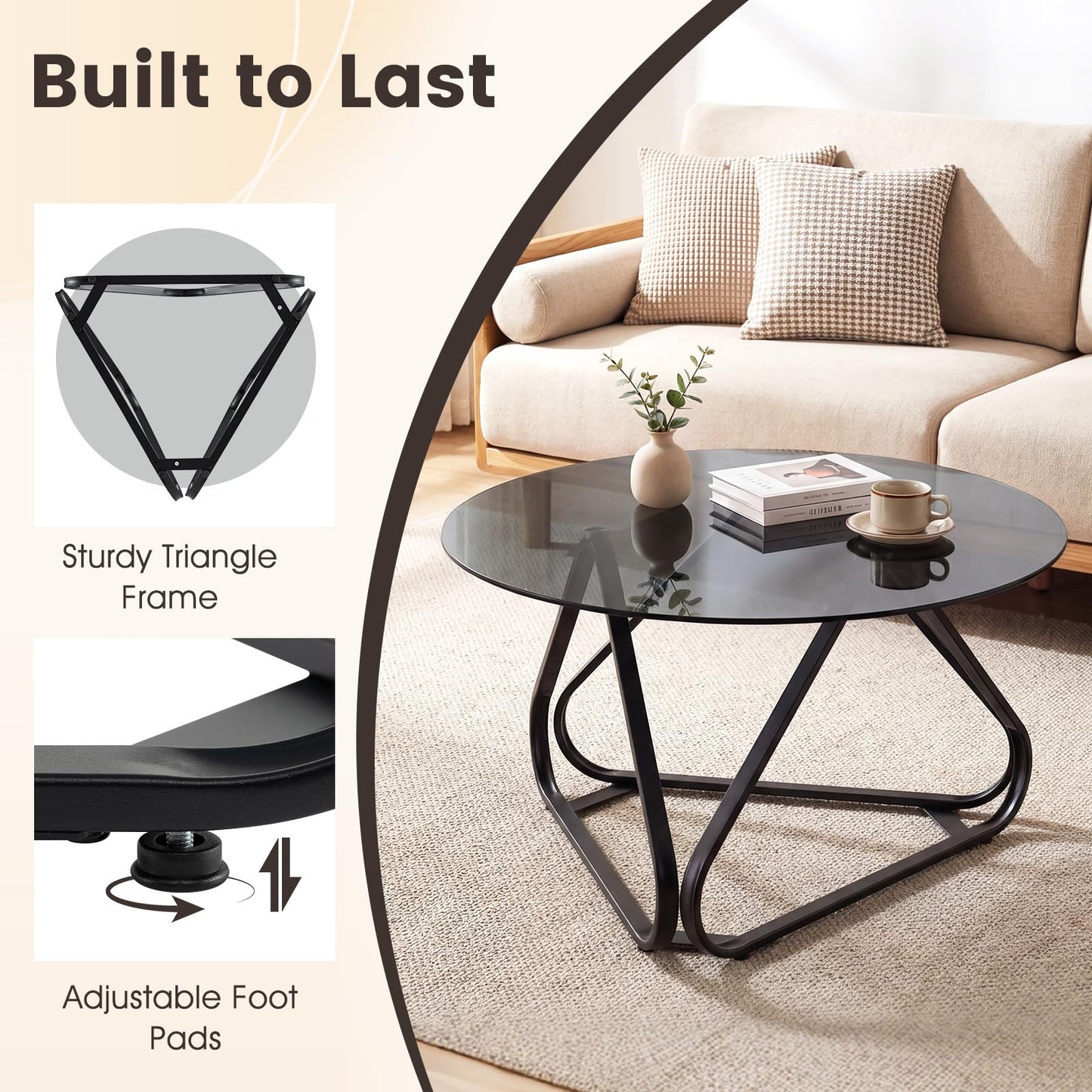 Round Tempered Glass Coffee Table with Triangle Metal Frame for Living Room