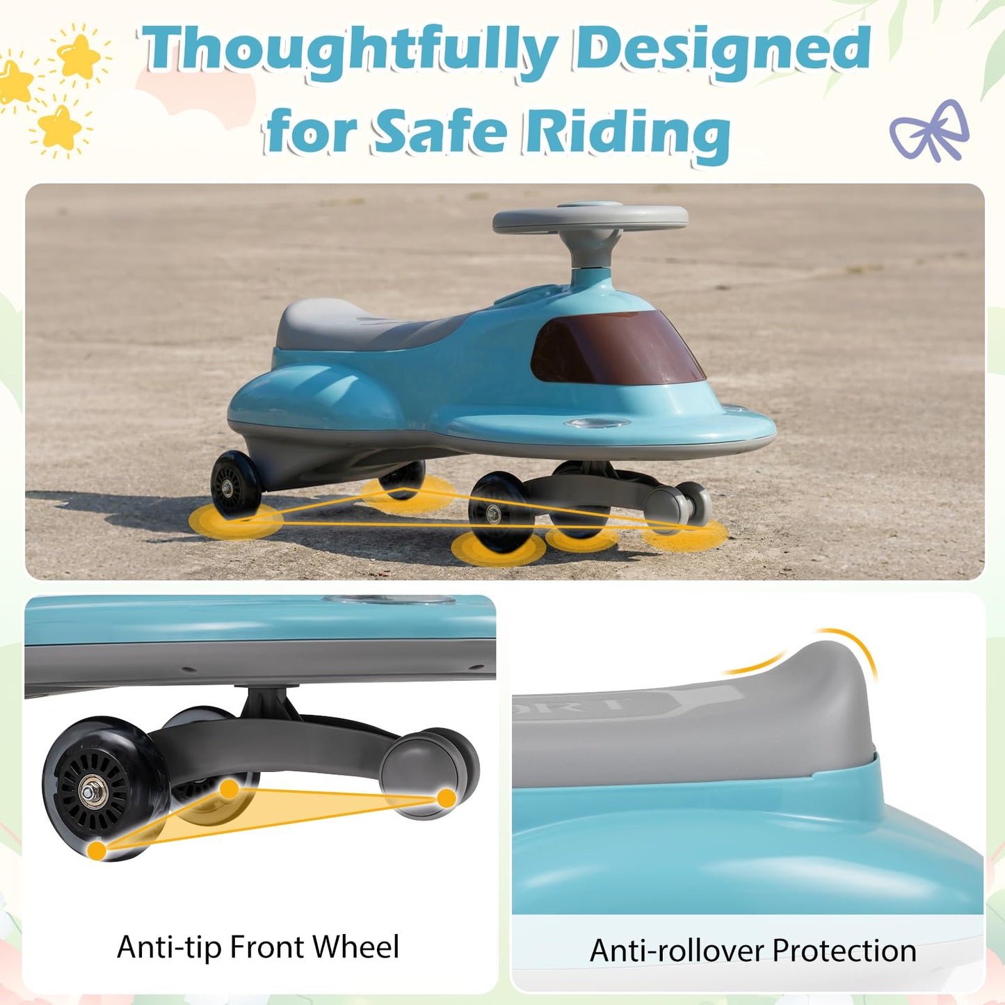 Ride on Wiggle Car, Sit On Swivel Scooter with Light up Wheels, Under-seat Storage