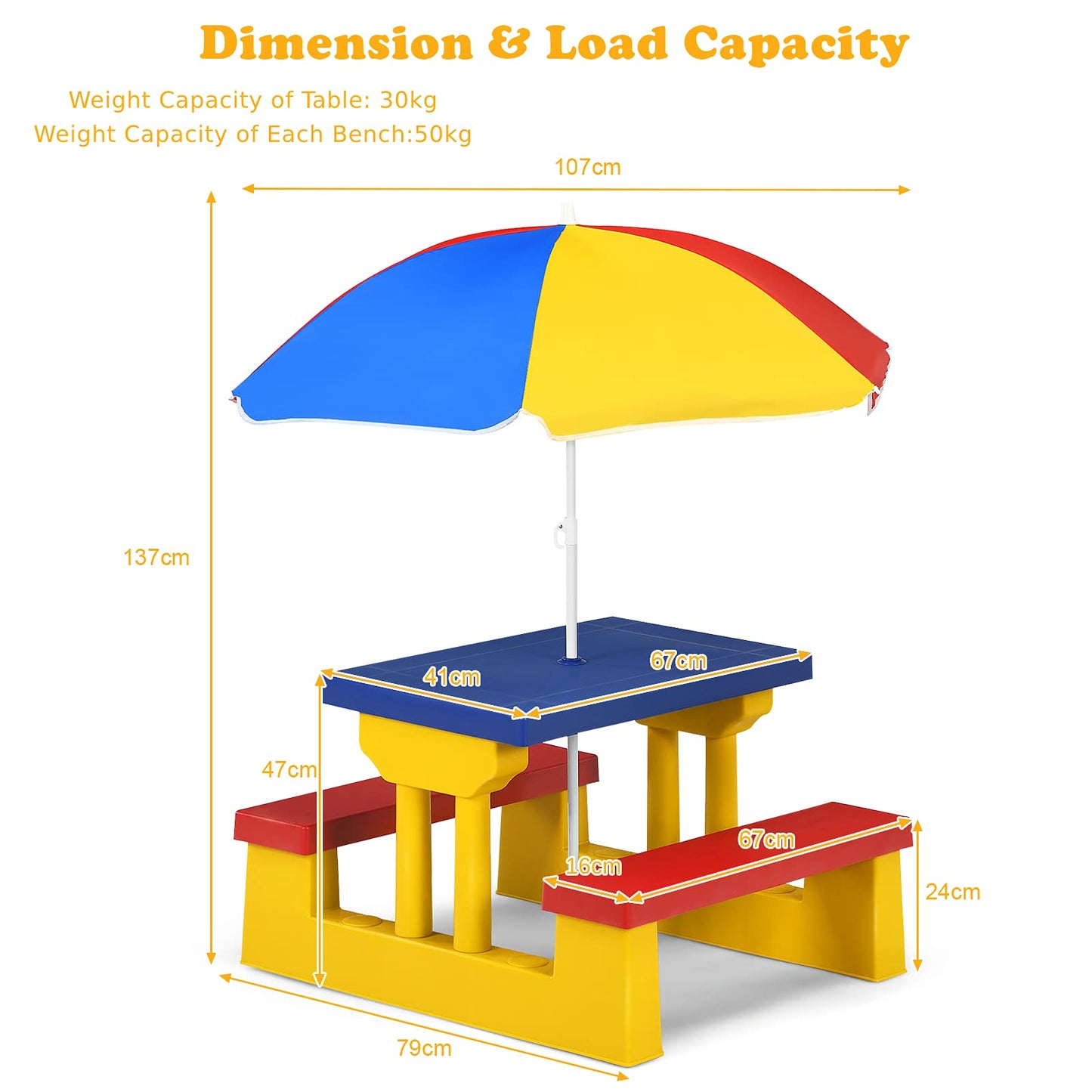 Kids Picnic Table with Removable Umbrella for Girls Boys