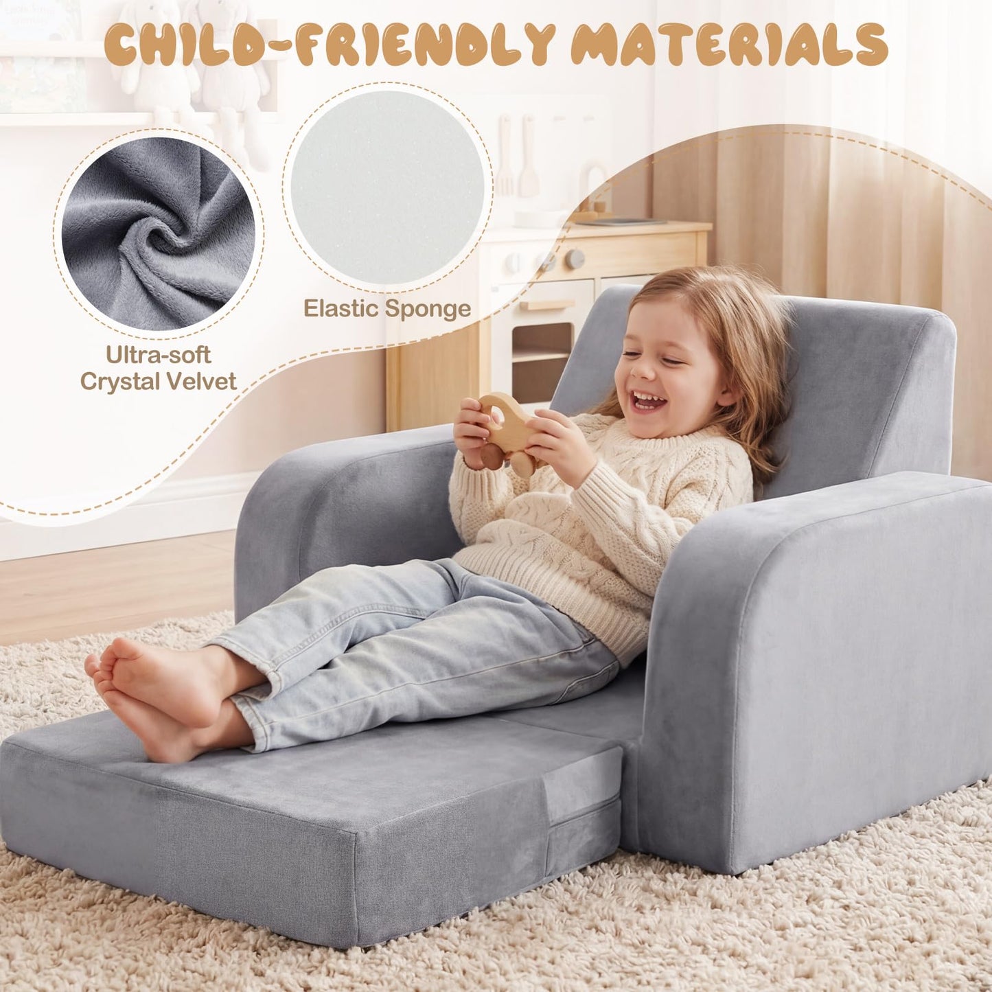 Children's Armchair, 3 in 1 Convertible Fold Out Kids Sofa Bed with Velvet Fabric