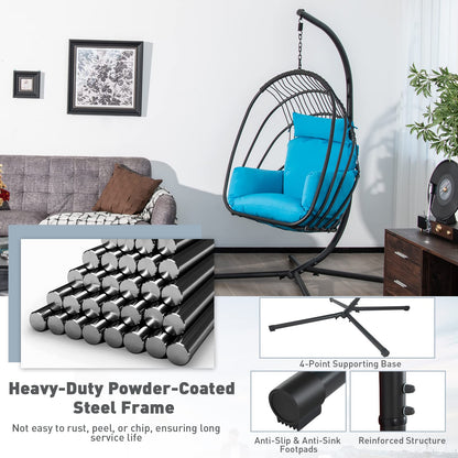 Foldable Rattan Swing Egg Chair with Stand & Soft Cushion