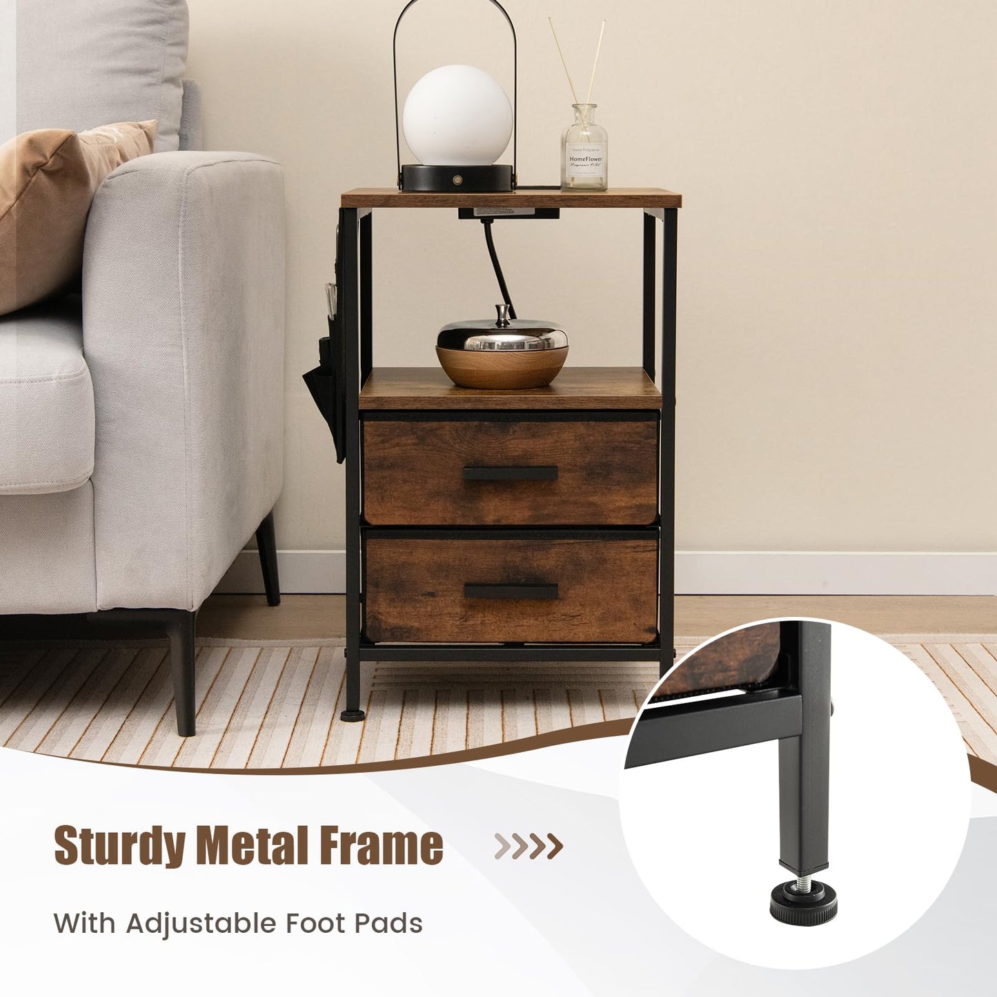 Nightstand with Charging Station with 2 Drawers and 6 Side Pockets