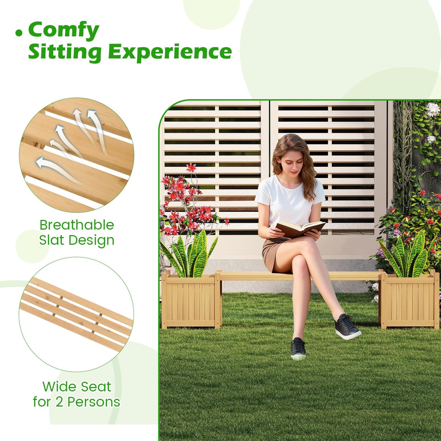 3-in-1 Wooden Planter with Bench, Raised Garden Bed with Seat and Open-ended Bottom