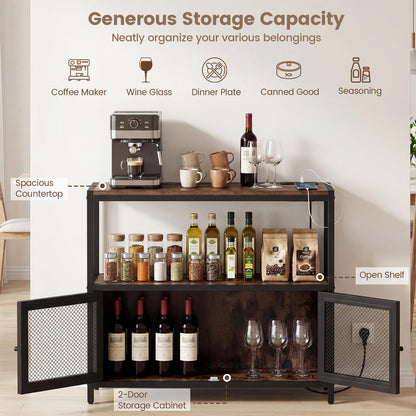 Coffee Bar Cabinet with LED Lights Charging Station & Open Shelf for Kitchen