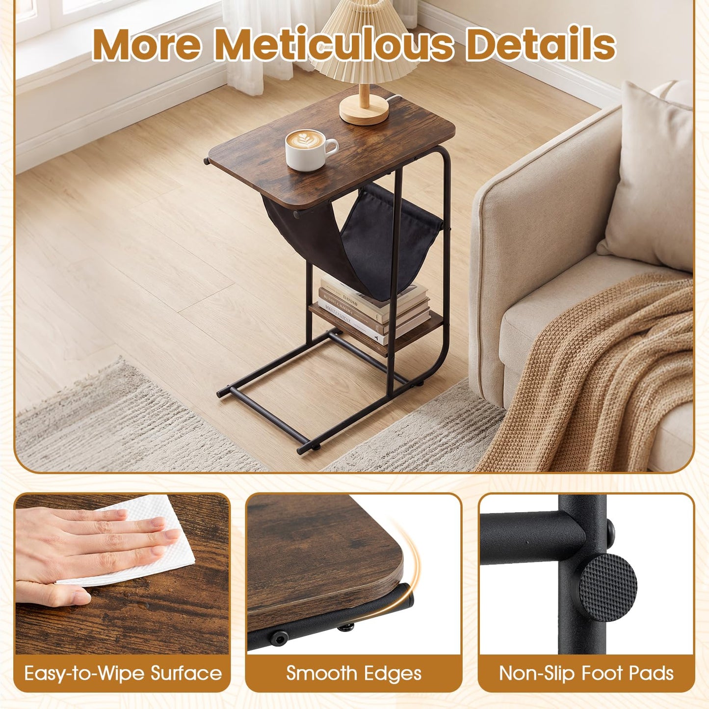 C-Shaped Side Table, Industrial Sofa End Table with Magazine Holder