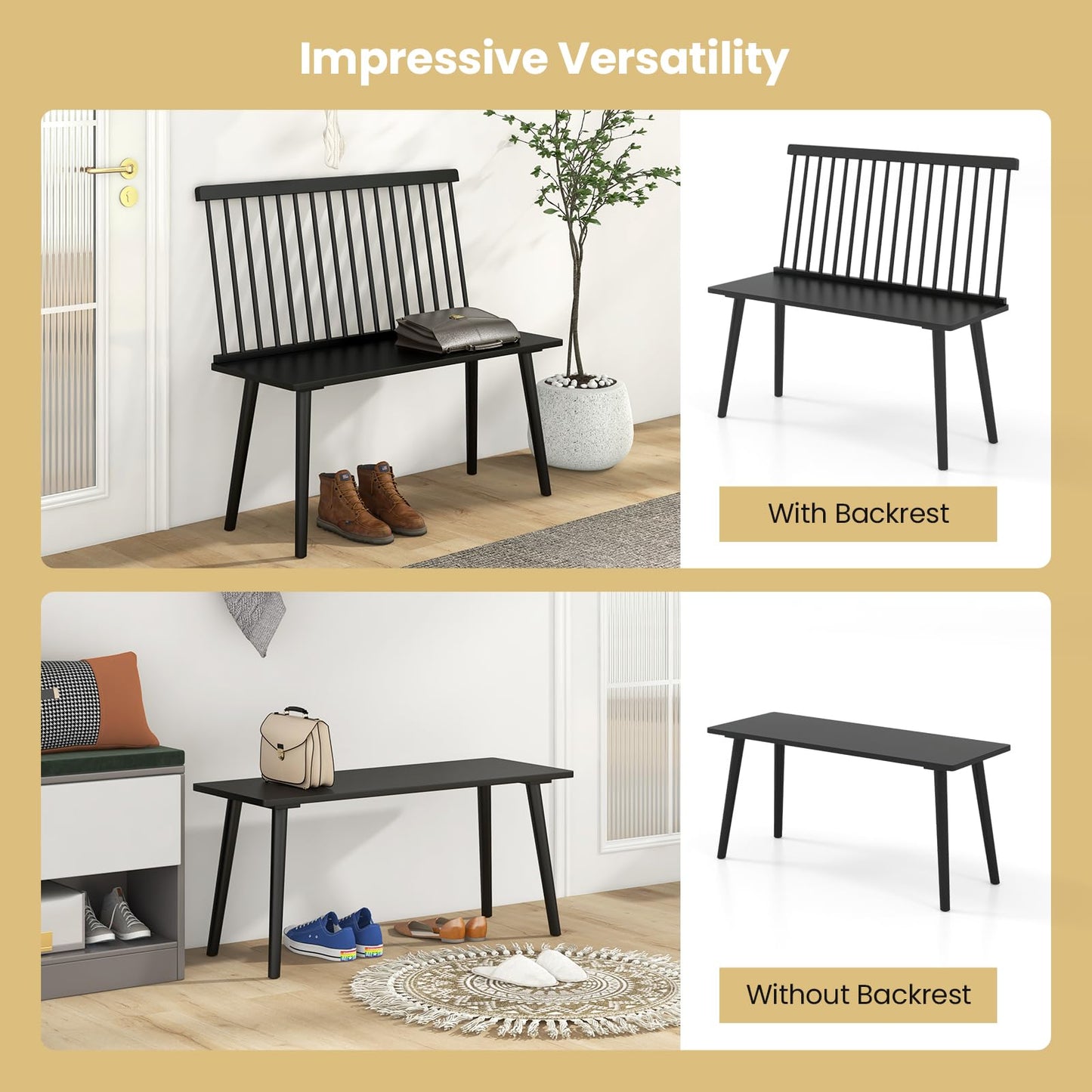 Dining Bench, Entryway Bench with Removable Spindle Back & Anti-slip Foot Pads