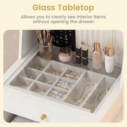 Dressing Table with 3-Color LED Lights Swivel Mirror and Stool