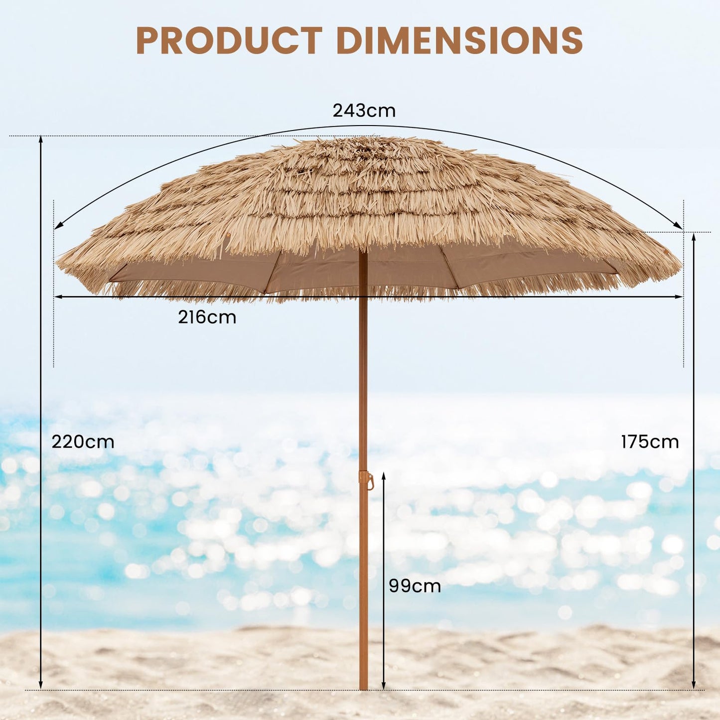 Folding Tilting Thatch Tiki Sun Umbrella with 8 Ribs