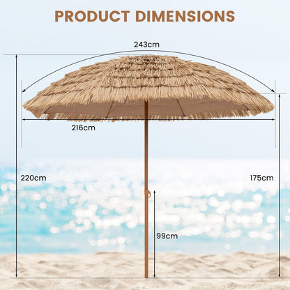 Folding Tilting Thatch Tiki Sun Umbrella with 8 Ribs