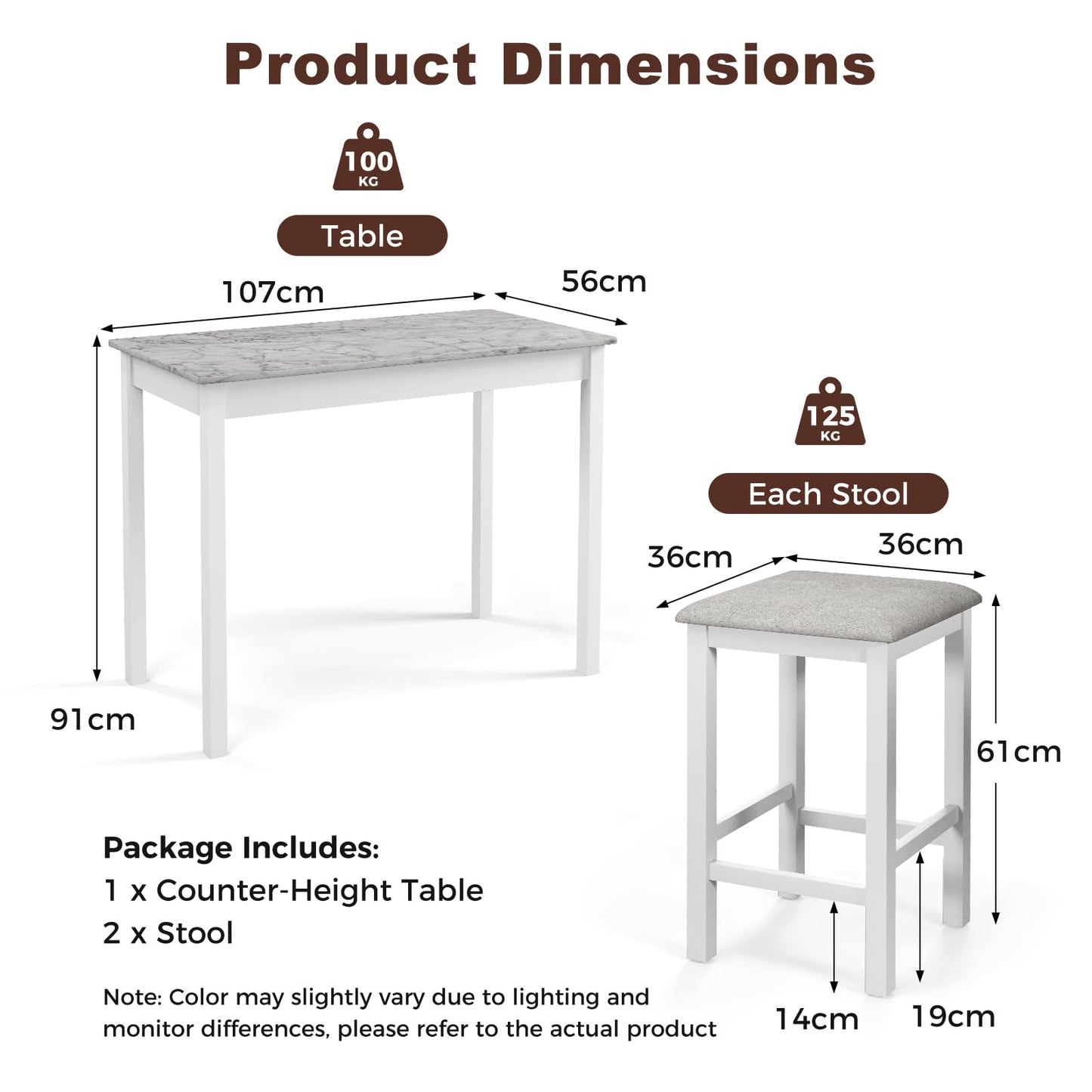 3 Pieces Pub Counter-Height Bar Table Set with Rubber Wood Legs