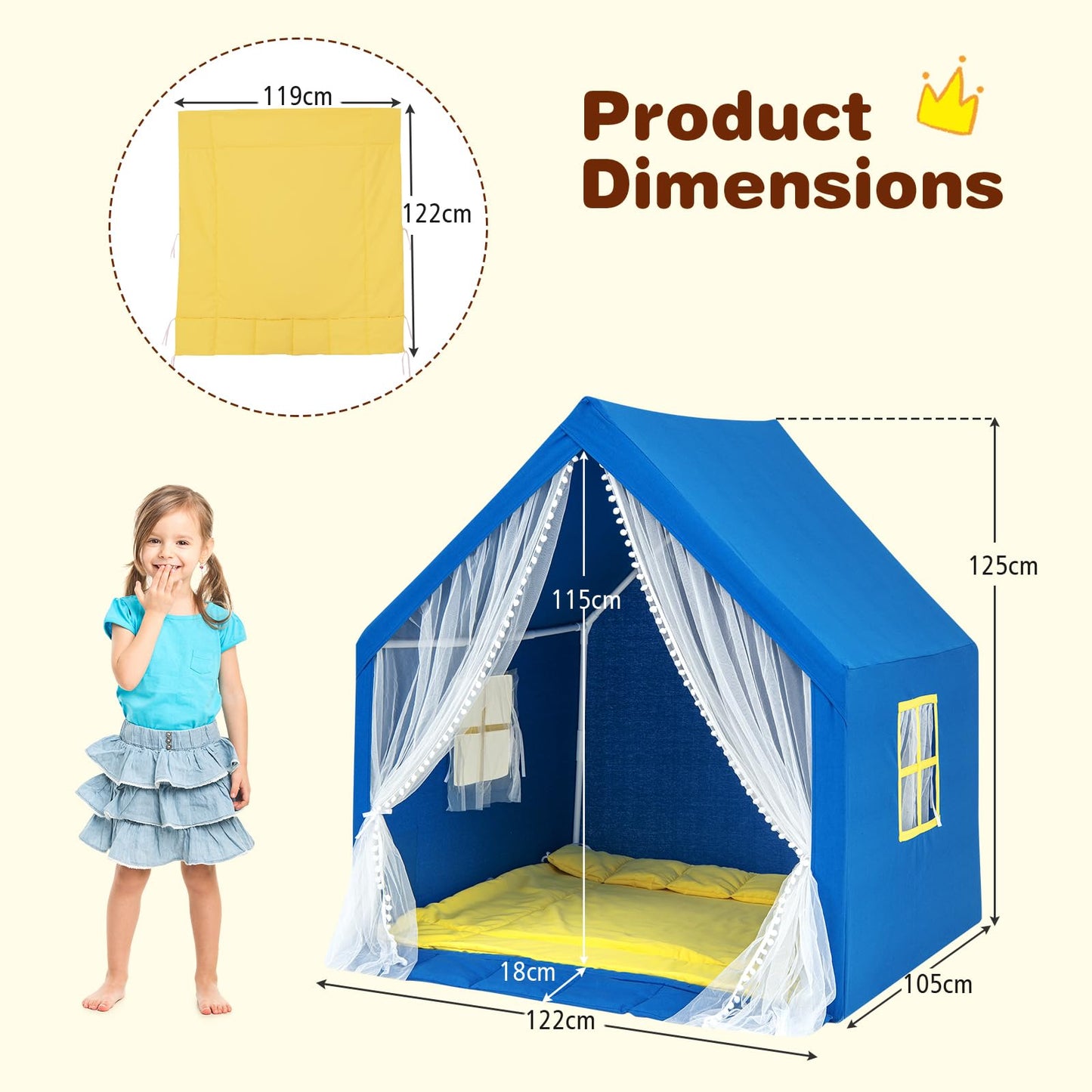Kids and Toddlers Playhouse with Washable Cotton Mat and Star Lights and Windows