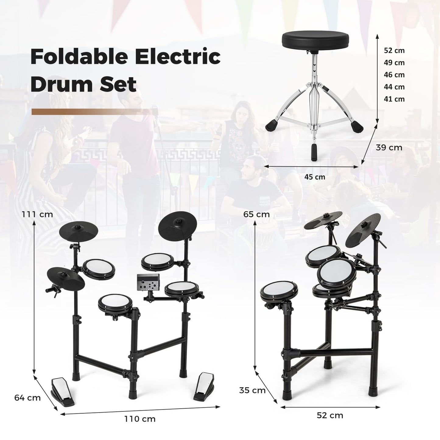 Electric Drum Set Foldable Drum Kit with 18 CM Mesh Drum Pads