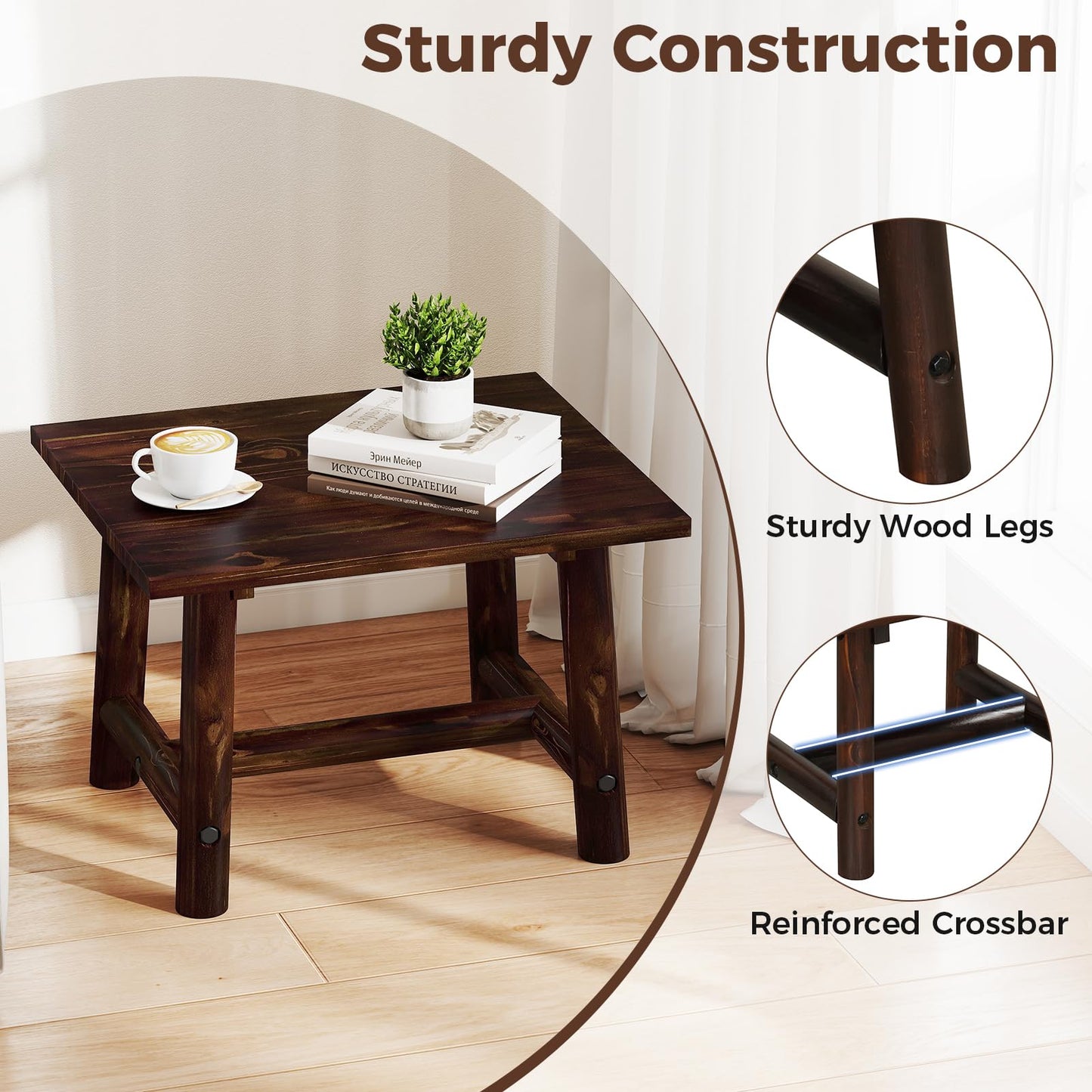 Solid Wood Small Outdoor Coffee Table with Reinforced Crossbar