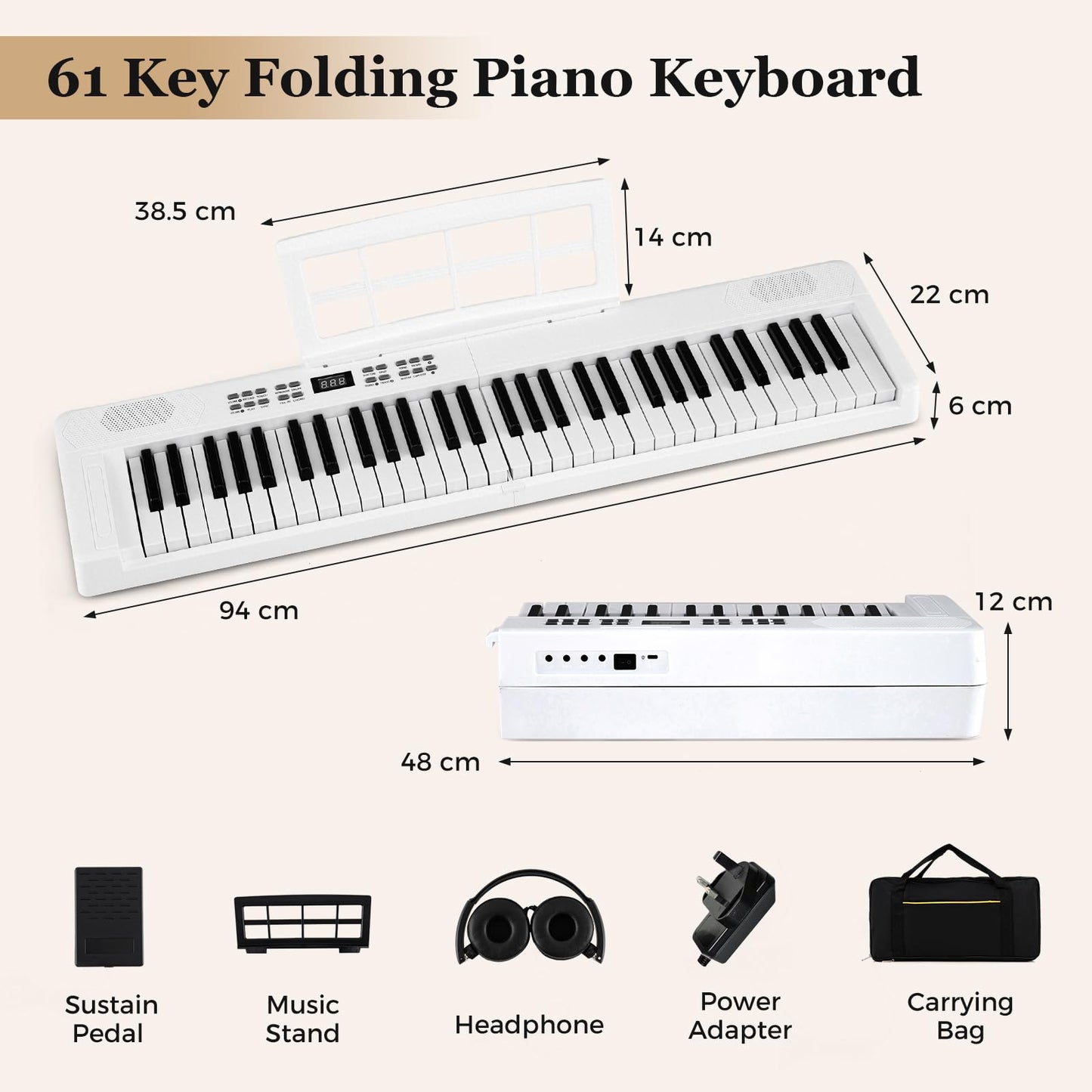 61 Key Folding Digital Piano Keyboard, Portable Full Size Electric Piano