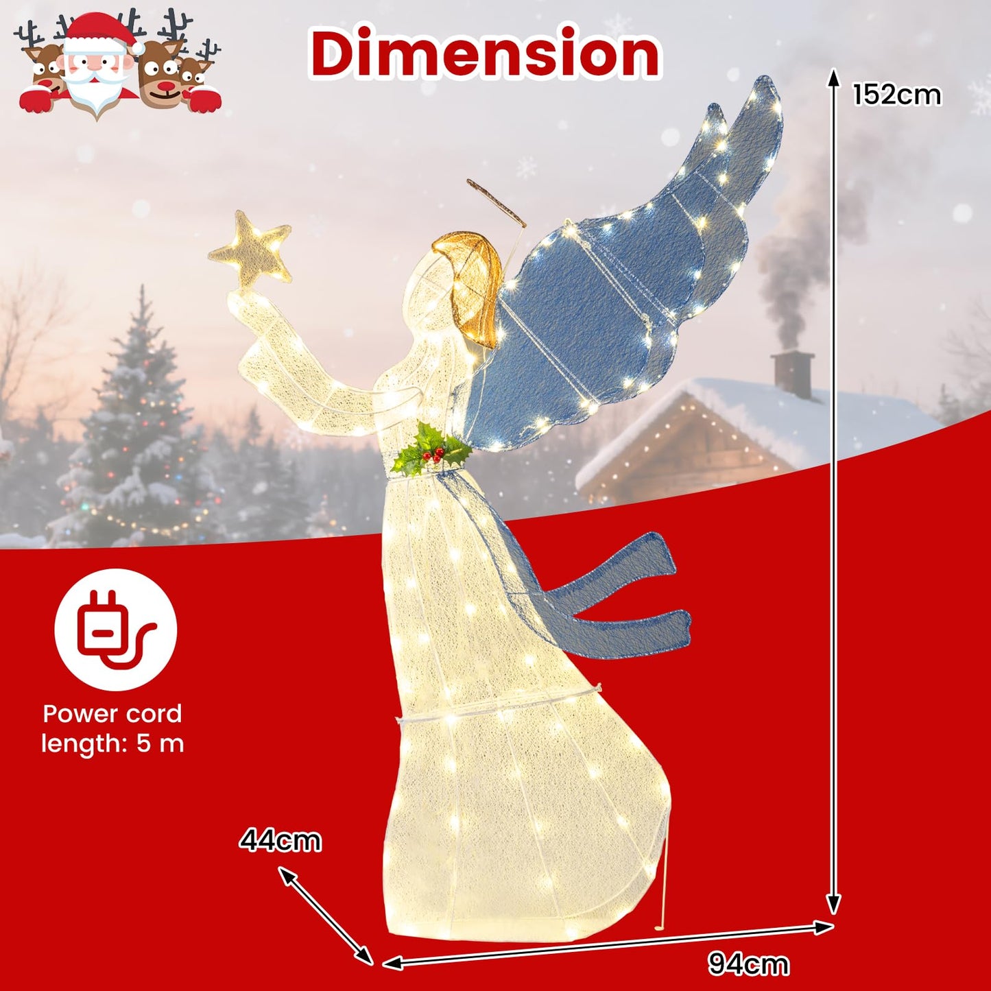 Pre-lit Christmas Angel, 3D Glittered Angel with LED Lights