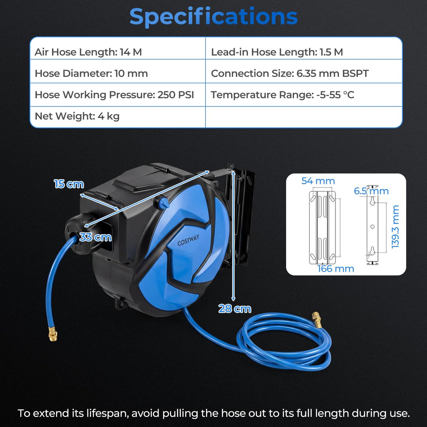 Retractable Air Hose Reel, 14m/15m + 1.5m Automatic Rewind Ceiling