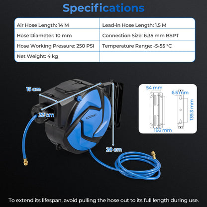 Retractable Air Hose Reel, 14m/15m + 1.5m Automatic Rewind Ceiling