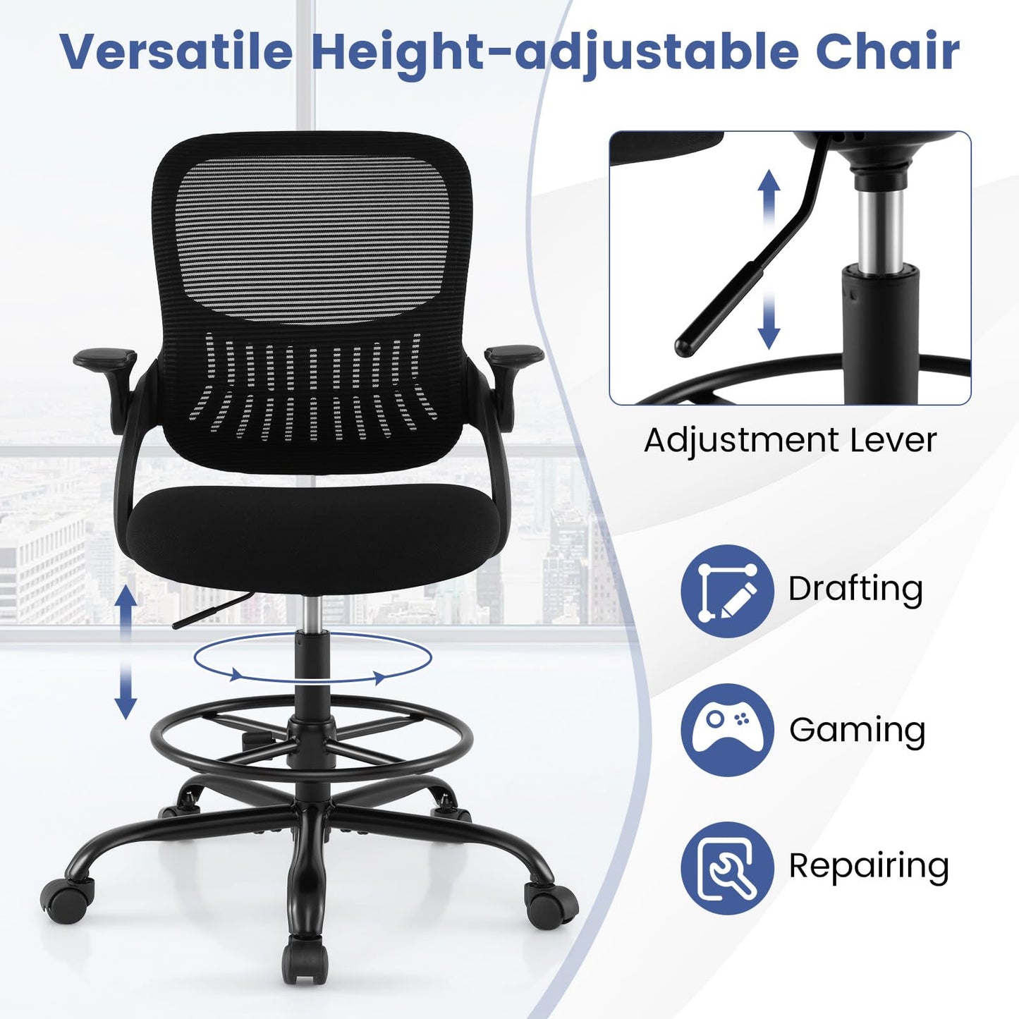 Mesh Drafting Chair, Ergonomic Swivel Office Chair with Adjustable Footrest